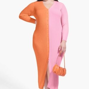 STAUD Two-Tone Orange and Pink Ribbed Button-Front Midi Dress